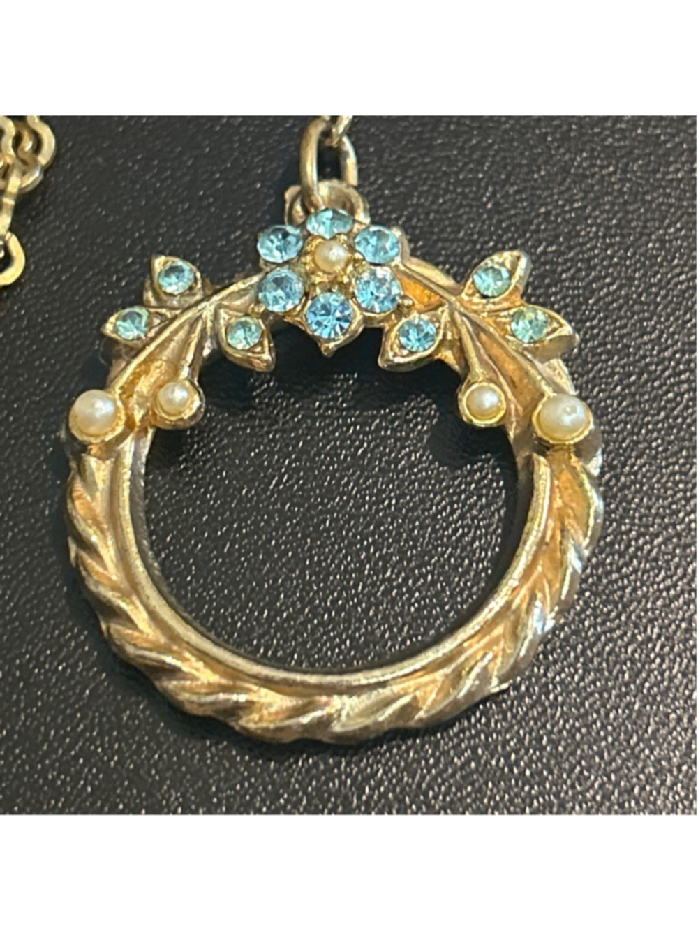 Women's vintage Gold Tone Necklace with Blue Rhinestones & faux pearl 26” - Picture 2 of 5